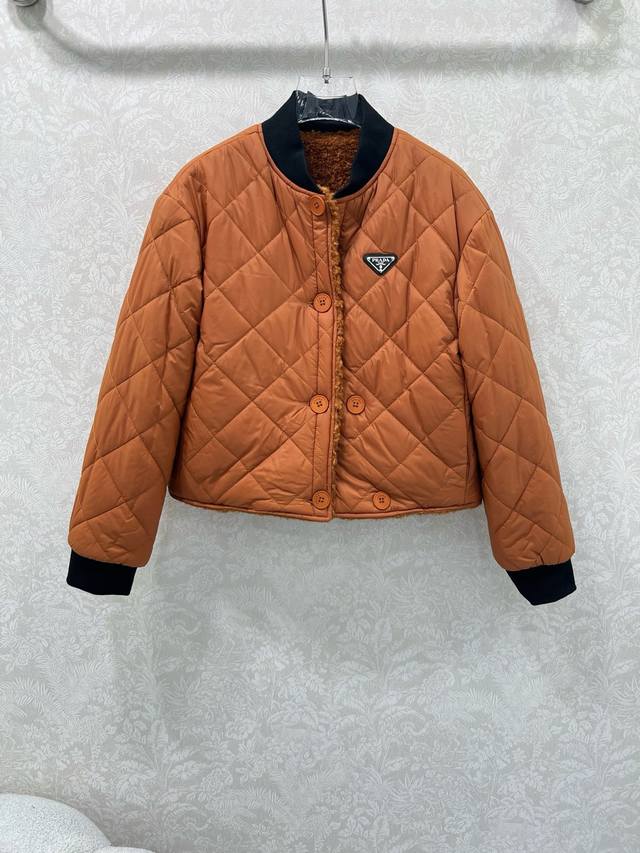 prad* 2025 New Reversible Color-Blocked Stand Collar Diamond Pattern Coat! Custo