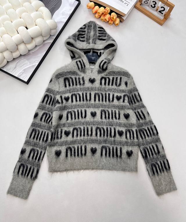 Miumiu Jacquard All-Letter Heart Wool Hooded Knit Sweater Stylish and warm at th