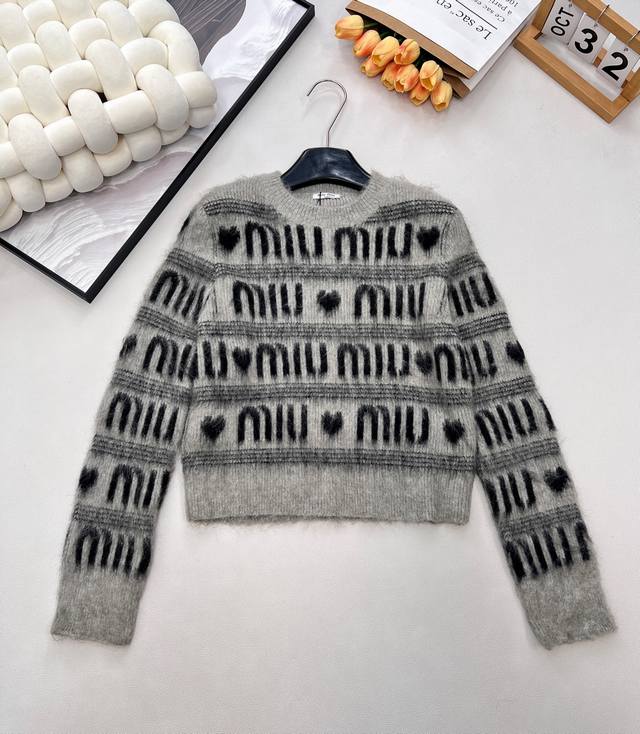 Miumiu Jacquard All-Letter Heart Wool Long-Sleeve Knit Sweater, Stylish and Warm