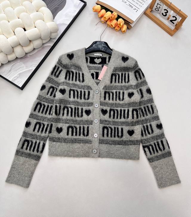 Miumiu Jacquard All-Letter Heart Wool V-Neck Knit Sweater, stylish and warm at t