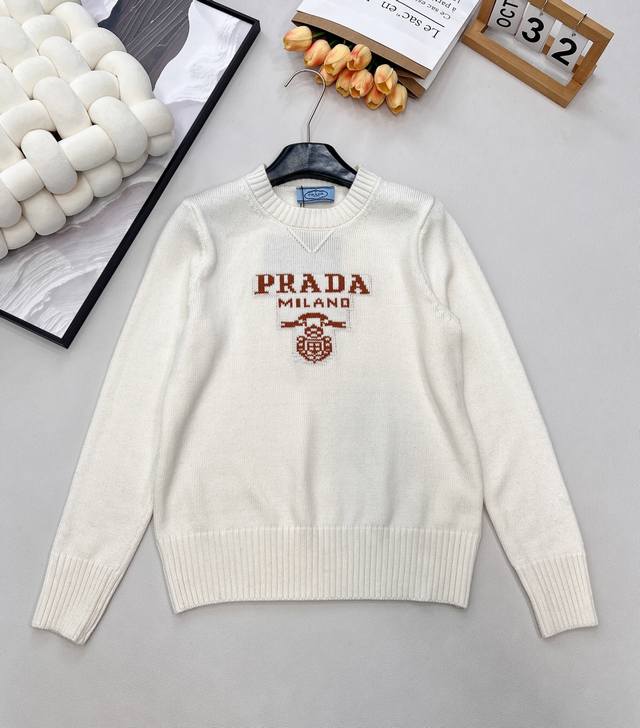 Prada 2025 New Letter Jacquard Logo Loose Pullover Sweater, made with custom Yb
