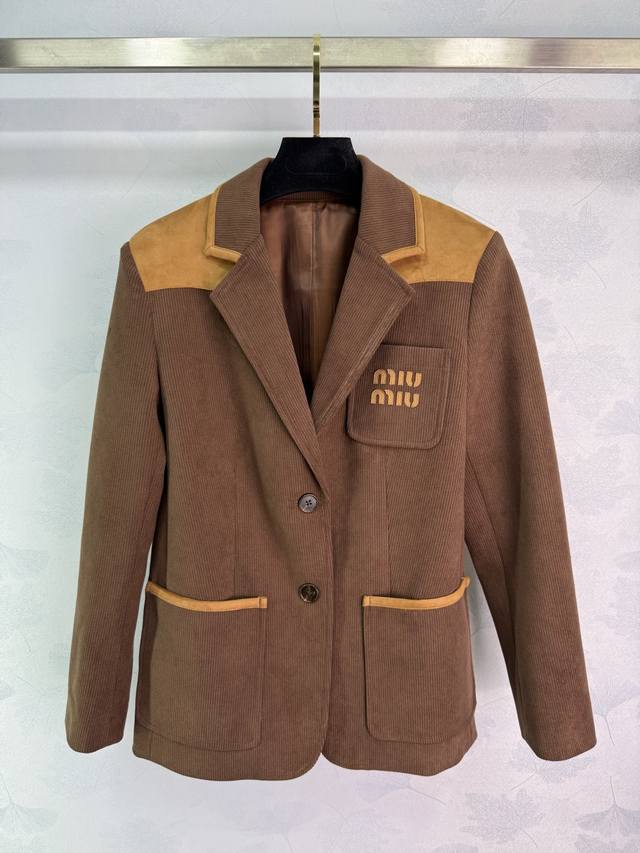 Miu*25 Autumn/Winter New Coffee Corduroy Suit Jacket with Yellow Leather Trim De