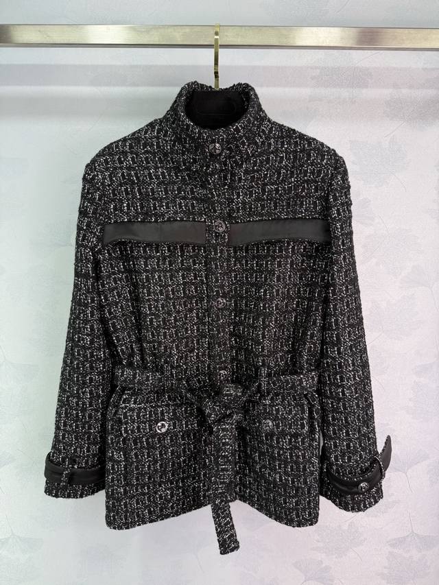 Cha*El 25K High-End Handcrafted Collection Black Stand Collar Belted Tweed Jacke
