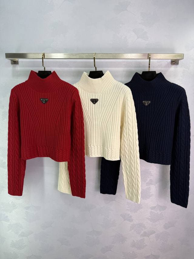 pr*25 Autumn/Winter New Knitted High-Neck Long Sleeve Classic Triangle Logo Deco