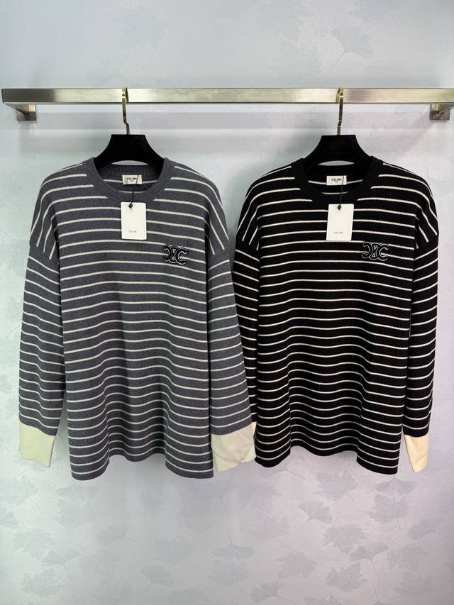 Ce*25 Autumn/Winter New Striped Knit Long-Sleeve Crew Neck Design with Arc de Tr