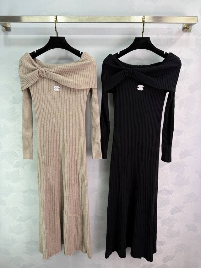 Ch*2025 New Off-Shoulder Long-Sleeve Knitted Dress, Custom Made with Yb Wool Yar