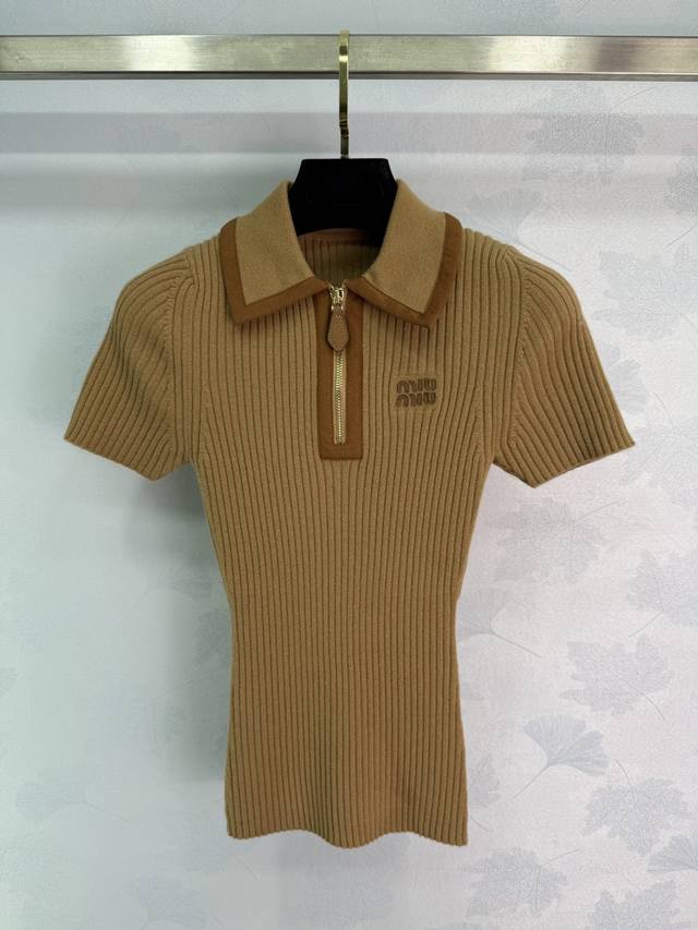 Miu*25 Early Autumn New Suede Patchwork Collar Knitted Short-Sleeve Top with Zip