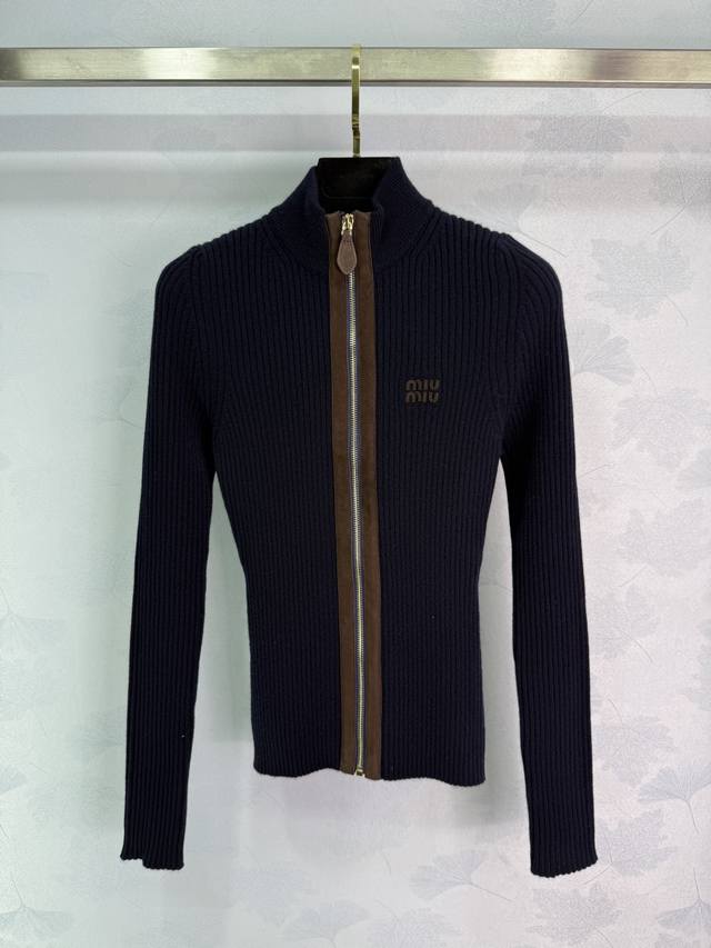 Miu*25 Autumn/Winter New Cashmere Blend Zipper Knit Cardigan. Dark blue cashmere