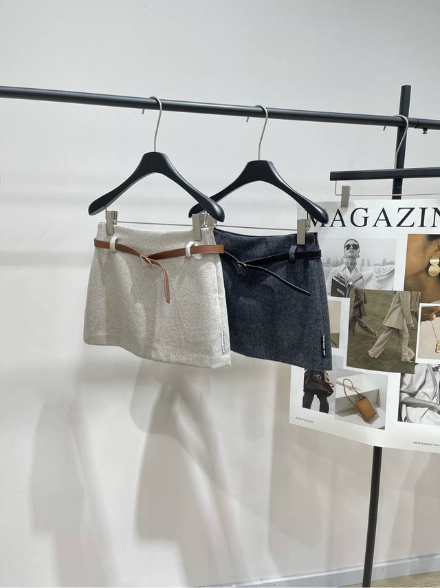 Ann Two-Tone Wool Belt Mini Skirt DDD. Fabric: Wool Colors: Off-white, Dark Gray