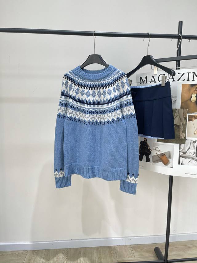 M Blue Fair Isle Snowflake Crew Neck Sweater. Fabric: Wool. Color: Blue. Miu Blu