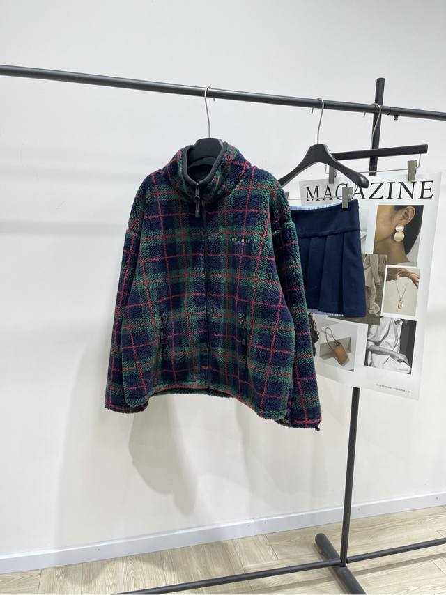 M Red, Blue, and Green Checkered Lambswool Stand Collar Coat DDD, Fabric: Lambsw