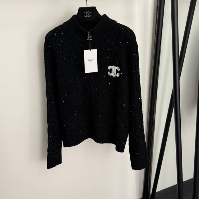Style No. 20257125 Celin* New Logo Embroidered Sequined Long-Sleeve Knit Cardig