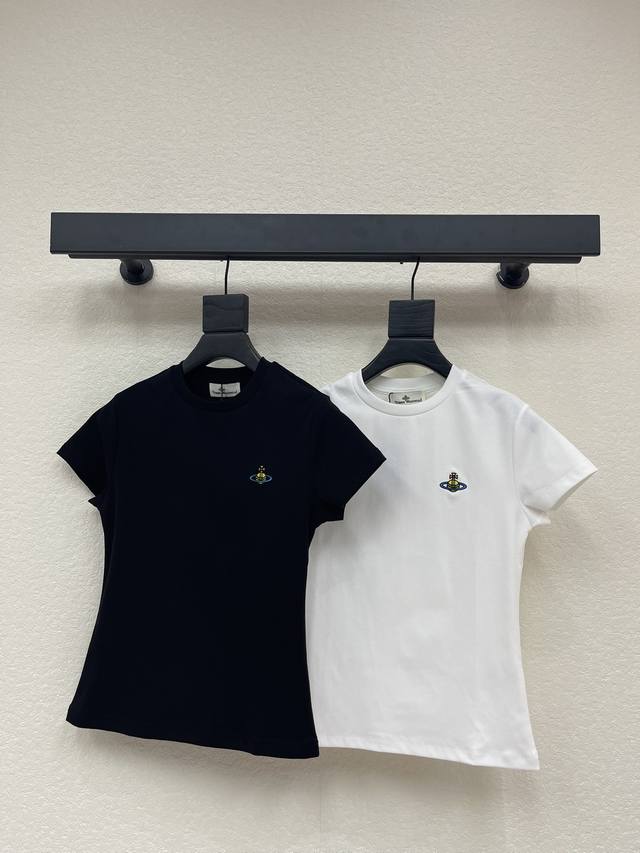 Vivi* Two-tone Embroidered Saturn Slim Fit Short-Sleeve T-Shirt Made of pure cot