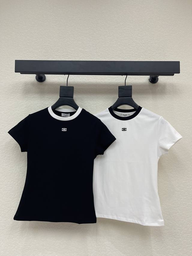 Celin*26 Early Spring New Color Block Embroidered Logo Slim Fit T-Shirt Made of
