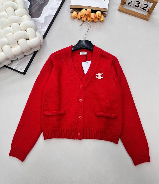 Celine 2025 Fall/Winter New Arrival Arc de Triomphe Logo V-Neck Long-Sleeve Knit