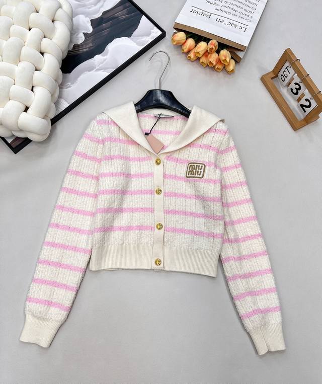 Miumiu Navy Collar Striped Knit Wool Cardigan. Made with imported wool yarn, sof