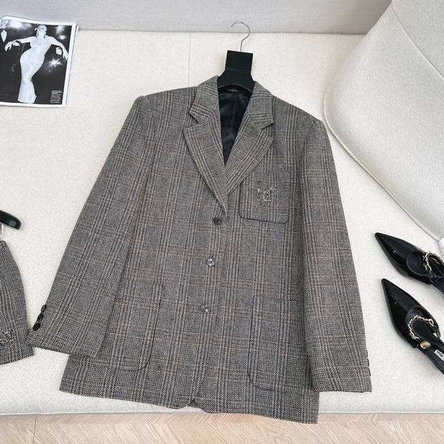 Miu 25Ss Fall/Winter Newest Intellectual Preppy Style Blazer, Custom Wool Plaid