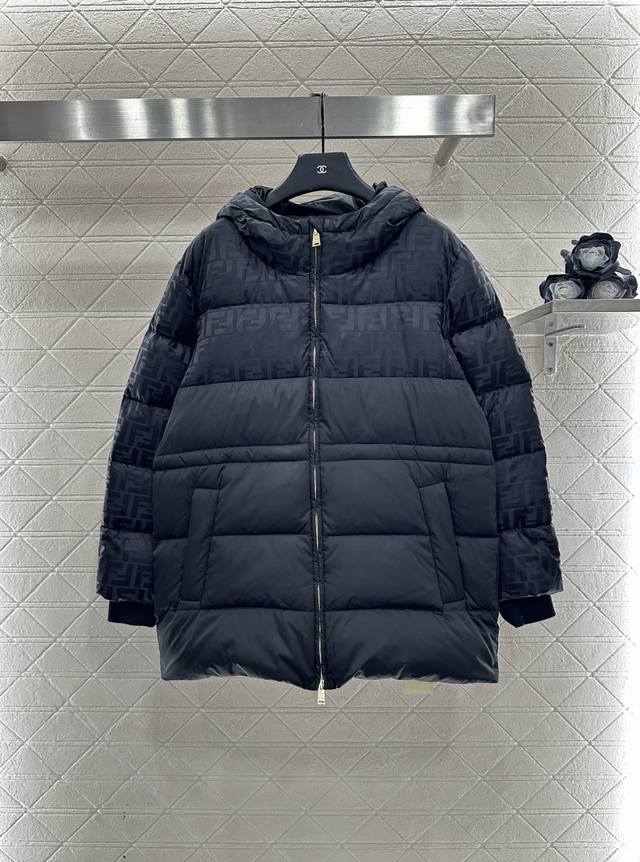 Fend*2025 New Arrival Hooded, Waist-cinching Jacquard Mid-Length Down Jacket Cus