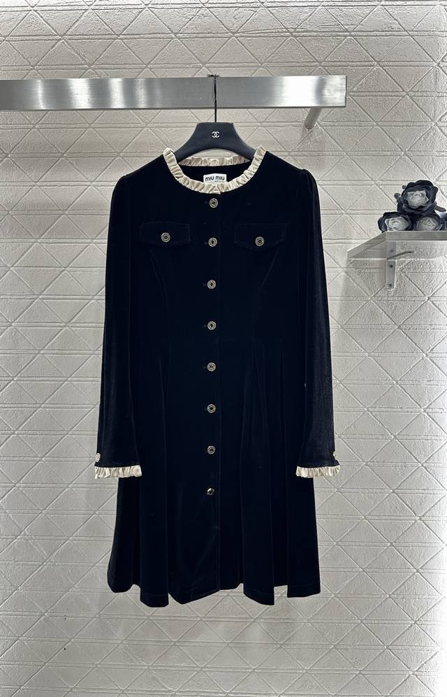 Miumi*2025 New Arrival Round Neck Velvet Dress with Ruffled Trim Custom-made imp