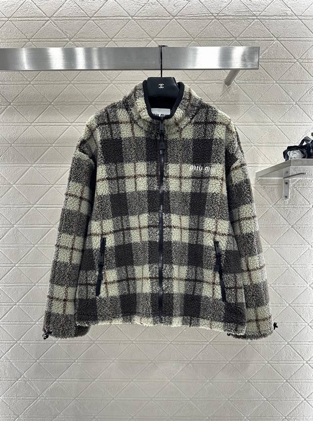 Miumi 2025 New Arrival Checkered Teddy Plush Jacket and Skirt Set The entire set