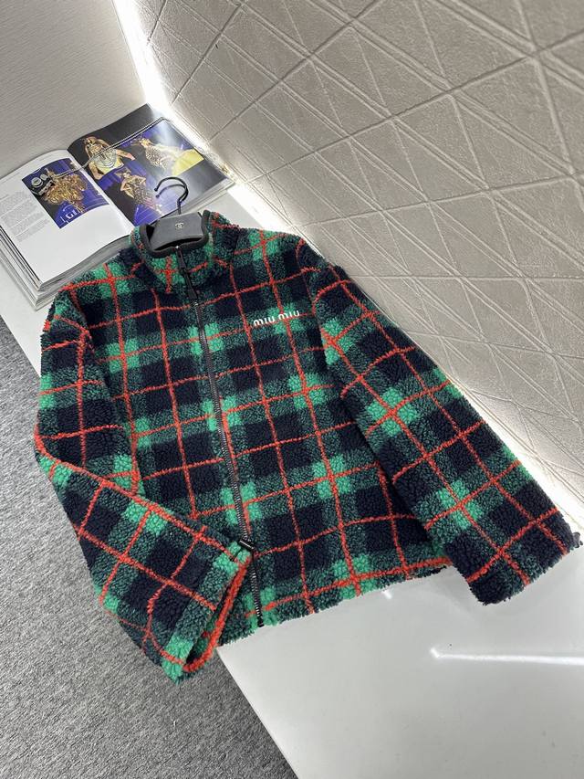 Miumi 2025 New Arrival Checkered Teddy Plush Jacket and Skirt Set The entire set