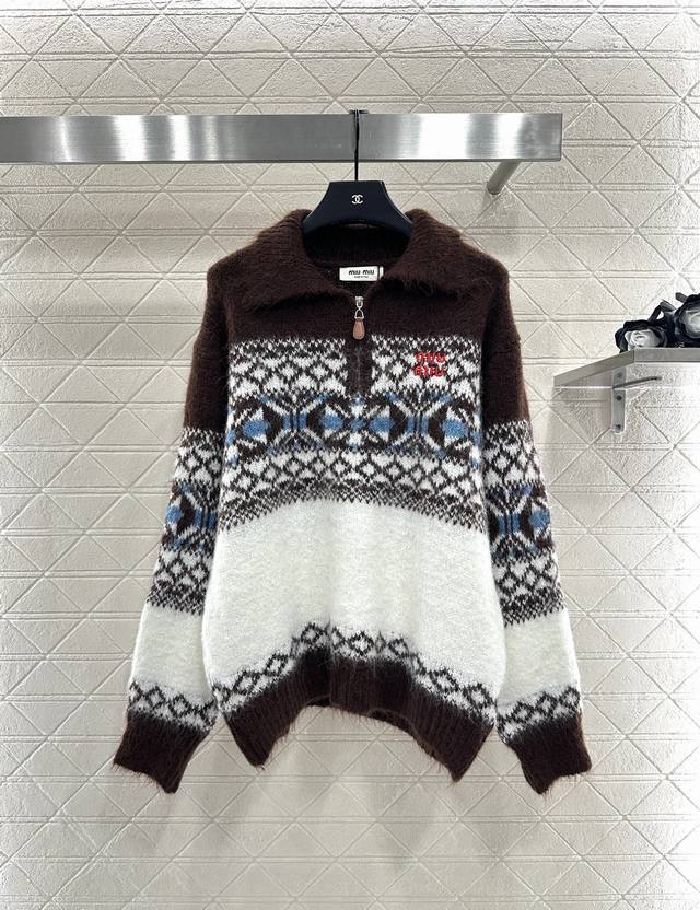 Miumi*2025 New Arrival Fair Isle Knit Top with Turn-Down Collar and Half-Open Fr