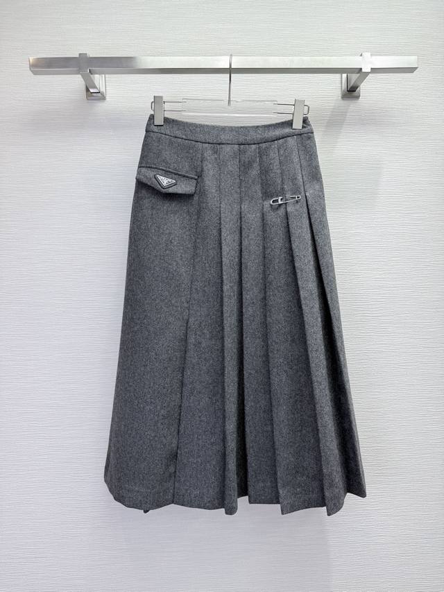 prad* 25Ss Autumn/Winter New Style Side Pleated Midi Skirt with Pocket Flap Tria