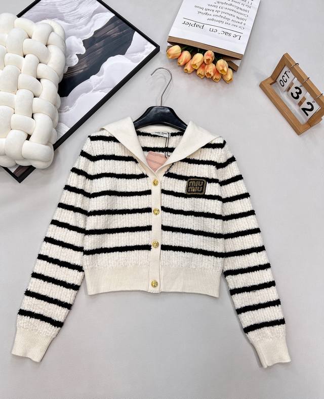 Miumiu Navy Collar Striped Knit Wool Cardigan. Made with imported wool yarn, sof