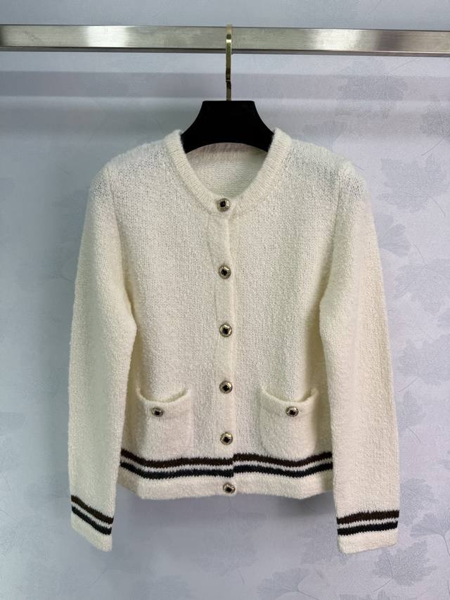 Ch*25 Autumn/Winter New Knit Cardigan, brown striped trim with double pockets, s