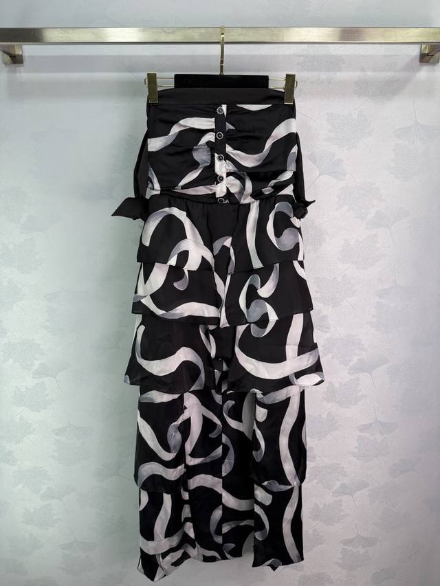 Chane*2025 Early Autumn New Ribbon Print Strapless Dress Custom Yb Imported silk