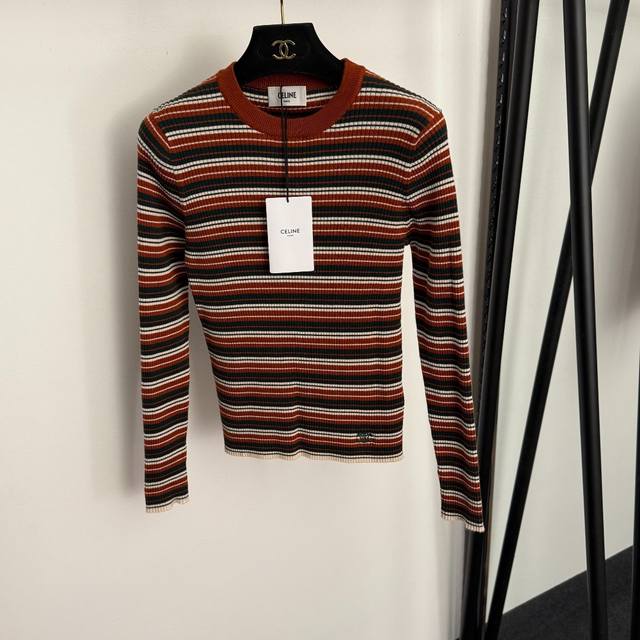 Style No. 20257034 Celin* New Logo Embroidered Striped Long-Sleeve Wool Knit Sw