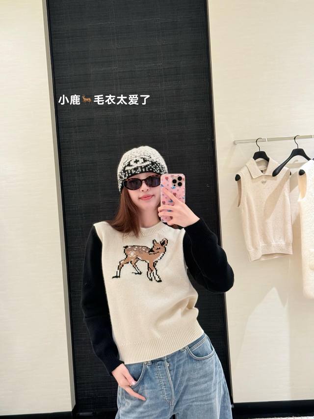 Chan*L 25N Ski Season New Deer Jacquard Pure Wool Color-Blocked Sweater | Exclus