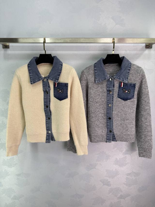 Tb*25 Autumn/Winter New Denim Patchwork Cardigan, Denim Blue Collar Design, Pupp