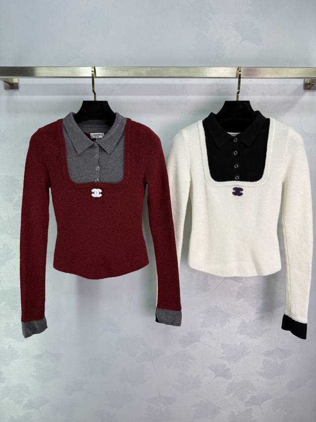 Ch* 2025 Autumn/Winter New Color-Blocked Faux Two-Piece Knitted Long-Sleeve Top!