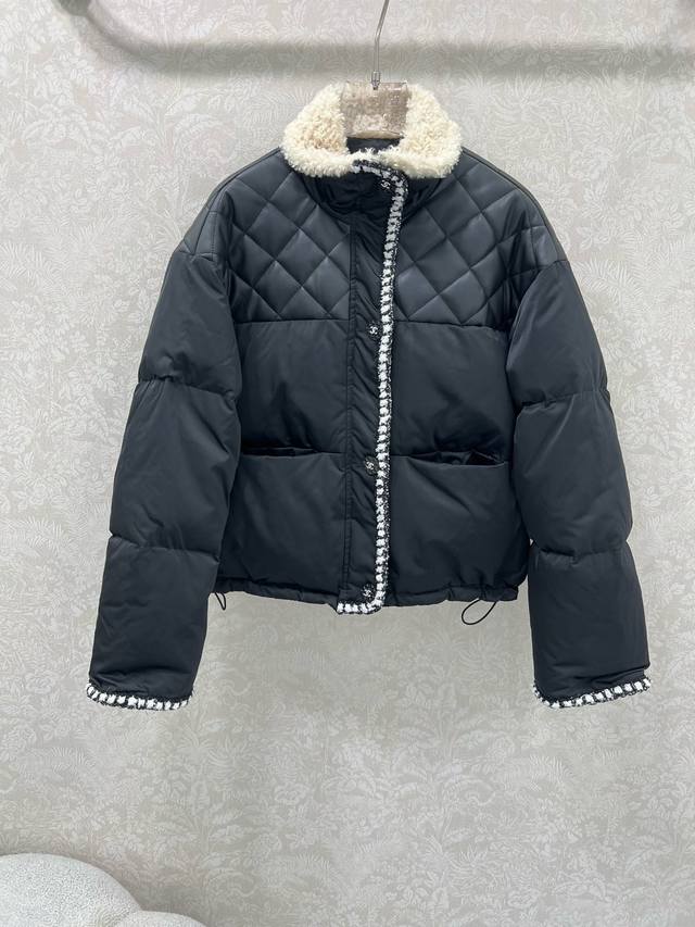 Chan*L25 New Chanel-style down jacket with leather trim! Features a teddy bear e