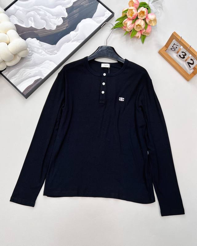 Celine's early autumn new logo embroidered Henley shirt long-sleeved, featuring