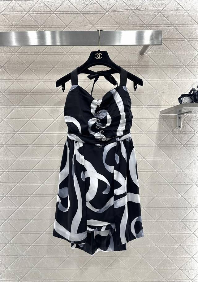 Chane*2025 New Arrival Ribbon Print Halter Neck Dress Custom-made imported silk