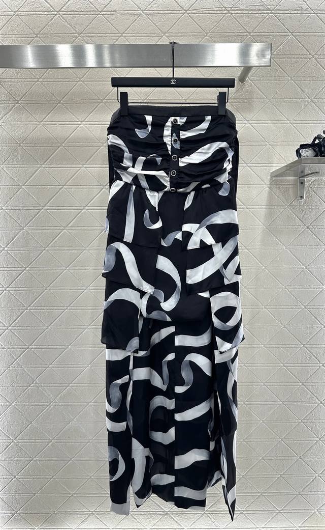 Chane*2025 New Arrival Ribbon Print Strapless Dress Custom-made imported silk ma