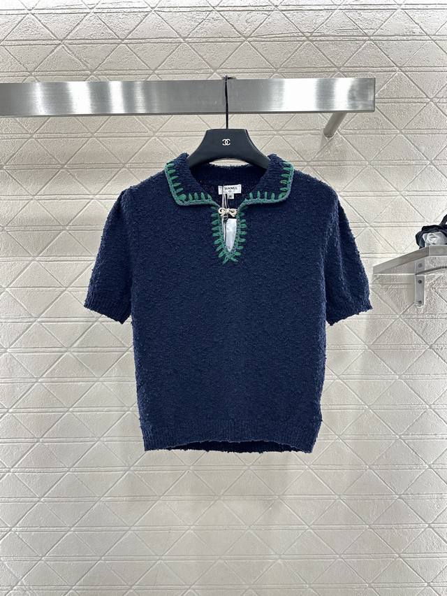 Chane*2025 New Arrival Collared Color-Blocked Knit Short-Sleeve T-Shirt 25Coco S