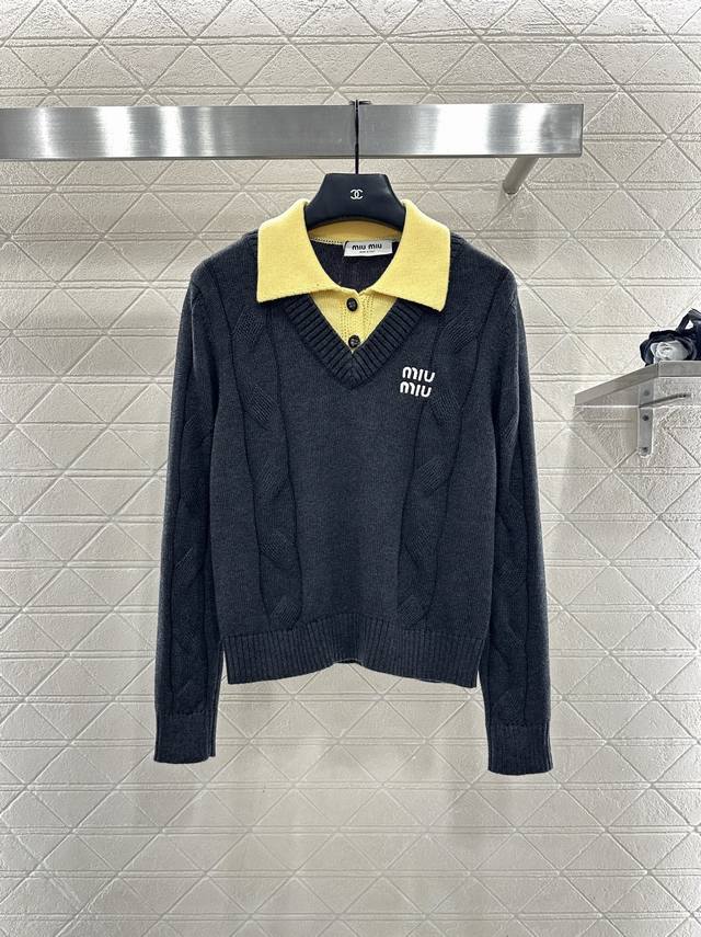 Miumi*2025 New Arrival Color-blocked Faux Two-Piece Knit Top Made with custom Yb