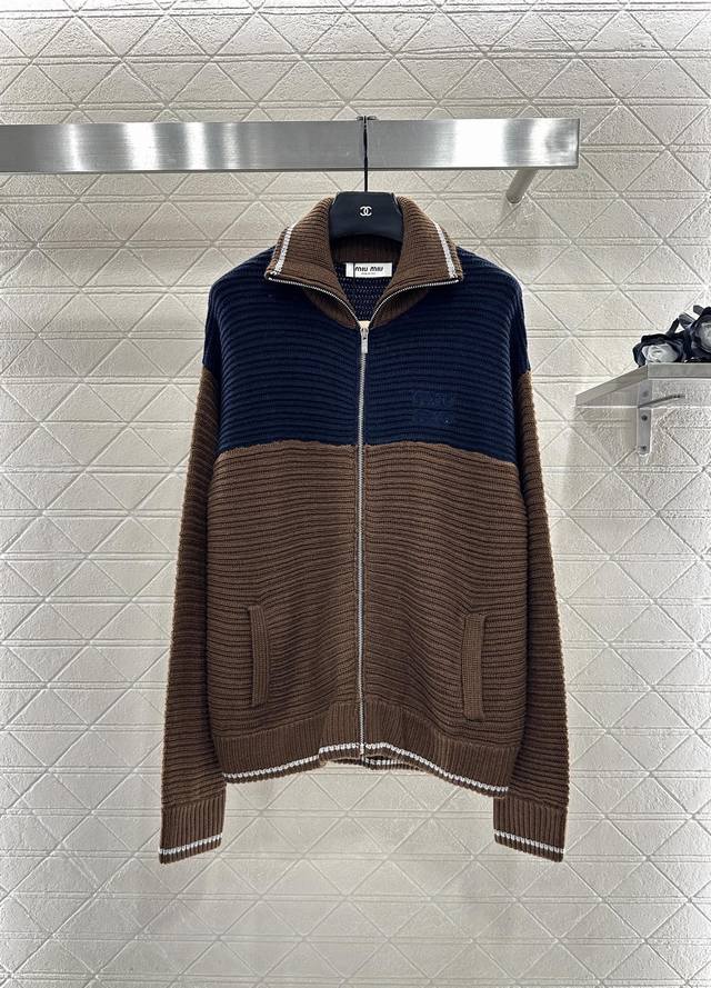 Miumi*2025 New Arrival Color-blocked Collared Knit Cardigan Made with custom Yb