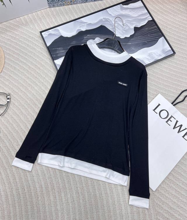 New Miu Miu Faux Two-Piece Layering 100% Anti-Pilling Cyno Cotton High-Elastici