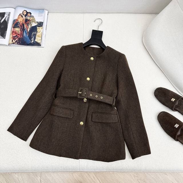 Exclusive! Miu 25Ss Autumn/Winter Newest Vintage-Style Wool Twill Crew Neck Coat