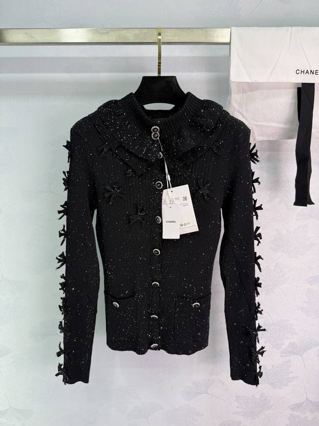 Ch*25 Autumn/Winter New Bow Knit Cardigan, black sequined embellishment, ruffled