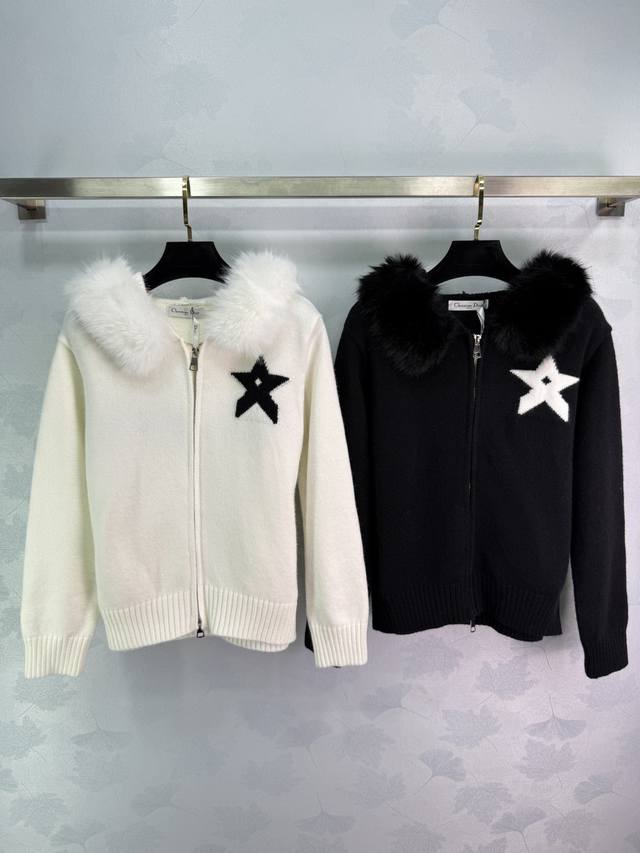 Dio*25 Autumn/Winter New Style Five-Pointed Star Fur Collar Hooded Knit Cardigan