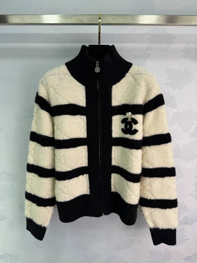 Ch*25 Autumn/Winter Diamond Stripe Stand Collar Cardigan Custom Yb Imported wool