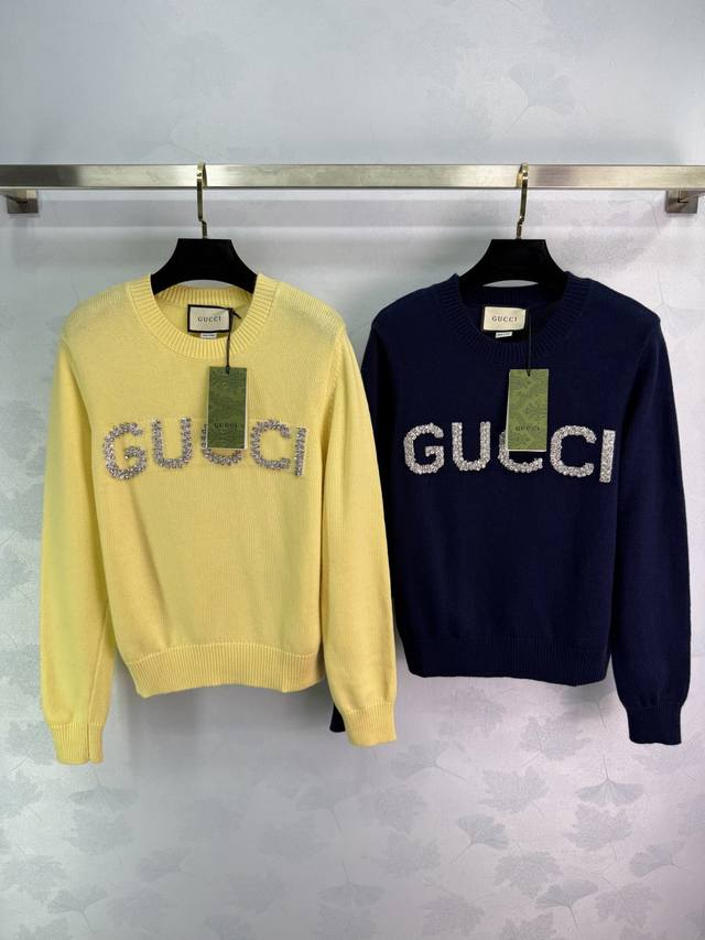 Gu*25 Autumn/Winter New Sequin Letter Knit Sweater, Premium Wool Blend Fabric. F