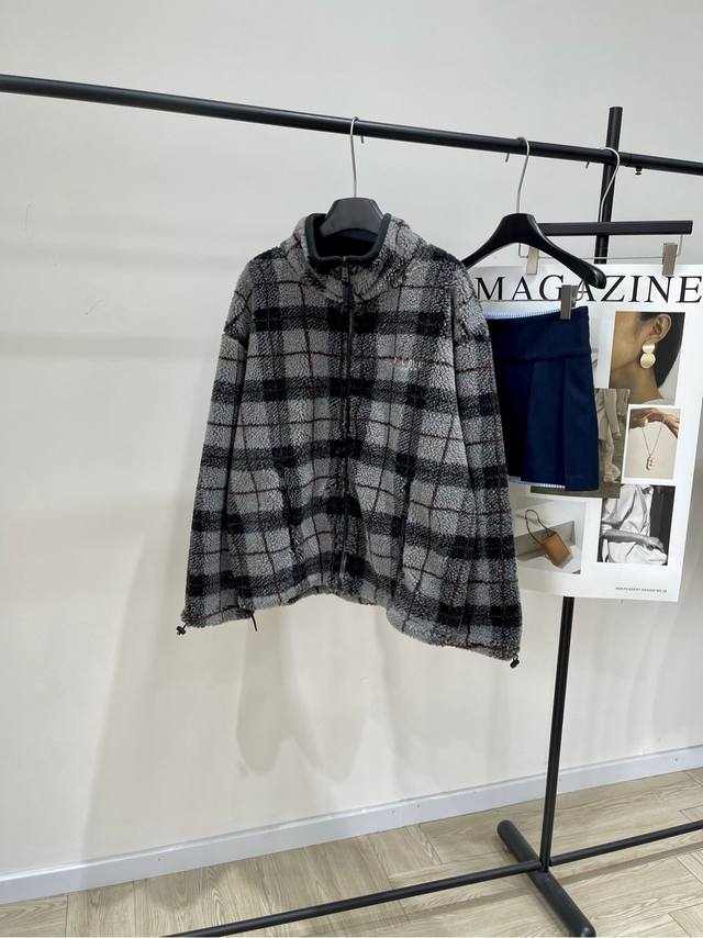 M Gray and Black Checkered Lambswool Stand Collar Coat DDD, Fabric: Lambswool Co