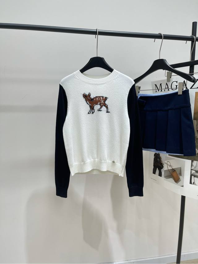 Double C Skiing Deer Color Block Crew Neck Sweater DDD, Fabric: Wool Blend Colo