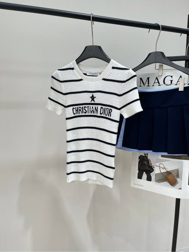 Dr Black and White Striped Star Knit Short-Sleeve Shirt, Fabric: 100% Cotton, Co